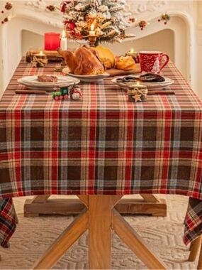 Plaid Holiday Tablecloth in Red and Brown - Classic Festive Dining 60 x 84